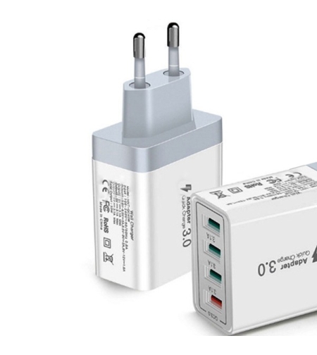 Incarcator Fast Charge pentru Telefon 33W, Flippy, Incarcator Quick Charge cu 4 Porturi USB-A, Power Delivery 33W, Cap Standard European, Alb