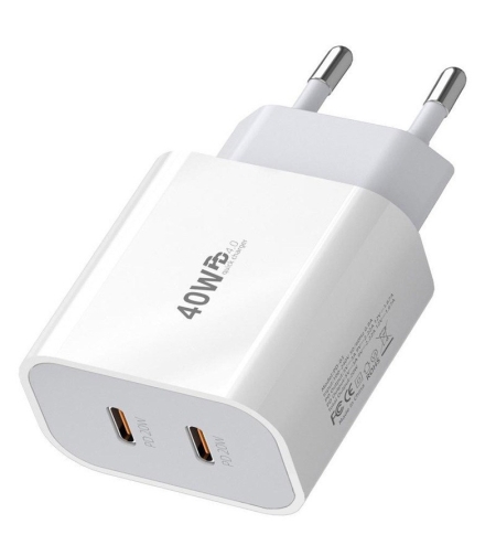 Incarcator Fast Charge pentru Telefon, Flippy, Power Delivery 40W, Dual Port Type-C la PD20W, Compatibil cu orice Telefon, Alb