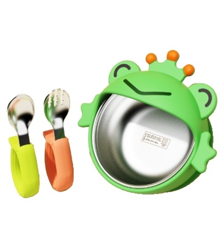 Set 3 Piese Diversificare Bebelusi si Copii, Flippy, Bol, Lingura si Furculita, Model Broscuta, din Silicon si Otel Inoxidabil, Verde