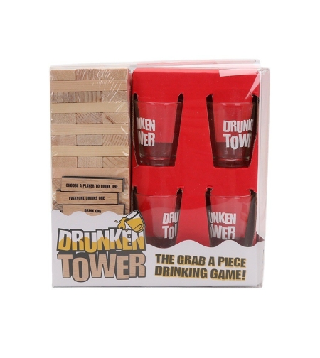 Joc de Baut Jenga Flippy, Turnul Betivului din Lemn, Piese cu Provocari, Pahare de Shot din Sticla Incluse, 19 x 7 x 20 cm