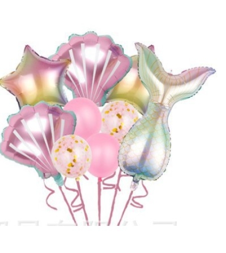Set baloane aniversare pentru fetita, set din 9 baloane, Flippy, Tematica Sirene, 5 Baloane Folie, 4 baloane latex, Roz metalizat
