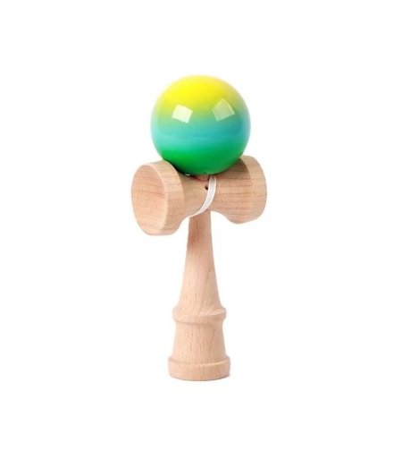 Jucarie Interactiva Kendama, Flippy, Kendama Original Super Sticky din Lemn, 18 cm, Joc de Indemanare pentru Copii si Adulti, Model Gradient Galben Albastru deschis Verde