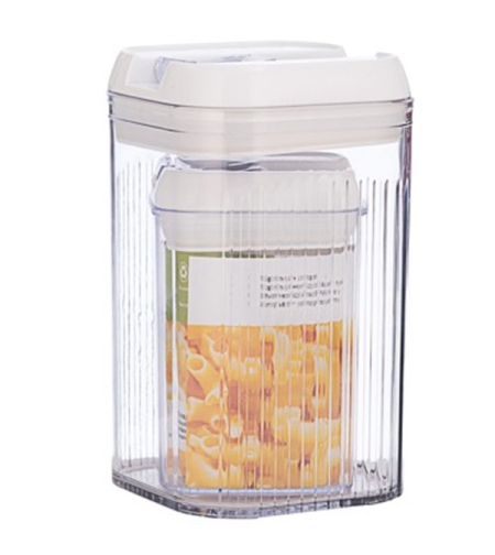 Cutii de Depozitare Alimente, Flippy, Set din 2 Cutii de tip Container, Recipiente pentru Cereale in Bucatarie, 0.8 L-10x15.5 cm, 2 L-12.5x12.5x21.5 cm, Transparente cu Capac Alb