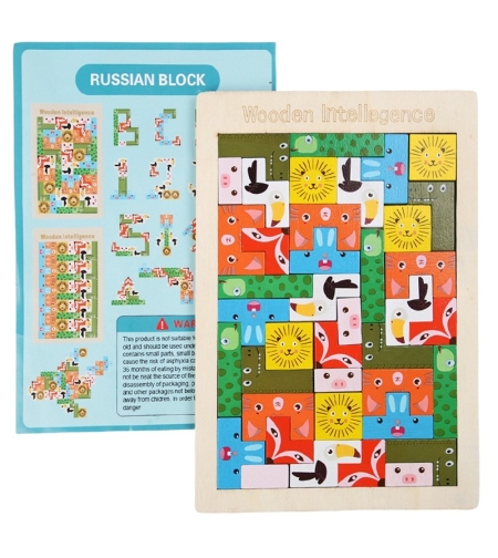 Puzzle din Lemn Flippy, Tip Tetris, +4 Ani, cu Animale Colorate 3D, 40 Piese, Multicolor