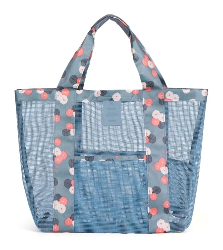 Geanta de Plaja, Flippy, din Plasa Transparenta, Imprimeu Floral, 43 x 10 x 33 cm, Model pentru Umar, Lungime Inferioara 33 cm, Albastru