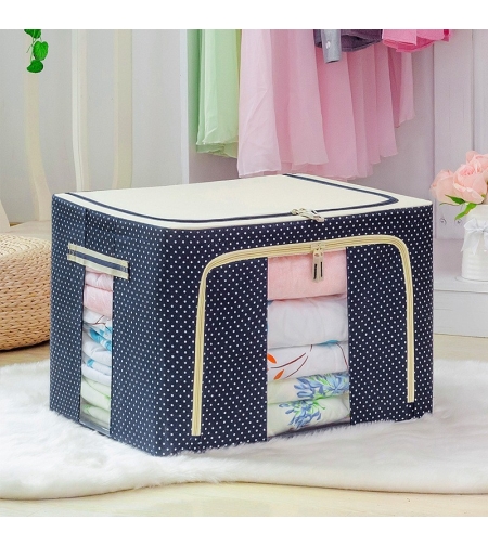 Cutie de Depozitare Pliabila, Flippy, 66 L, din Panza Oxford, 50x40x33 cm, 2 Ferestre, Frontala si Laterala, 2 Usi de Acces cu Fermoar Bidirectional, Cadru Metalic, Suport Baza Stabil din Plastic, Imprimeu Buline, Albastru Marin