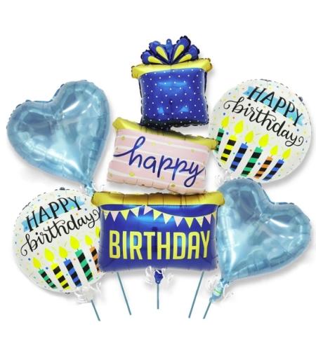 Baloane pentru aniversare, Flippy, tematica Happy Birthday, set 5 baloane, 1 Cadouri, 2 inimi, 2 rotunde, din folie de aluminiu, pai de carton inclus, 60 x 124 cm Albastru