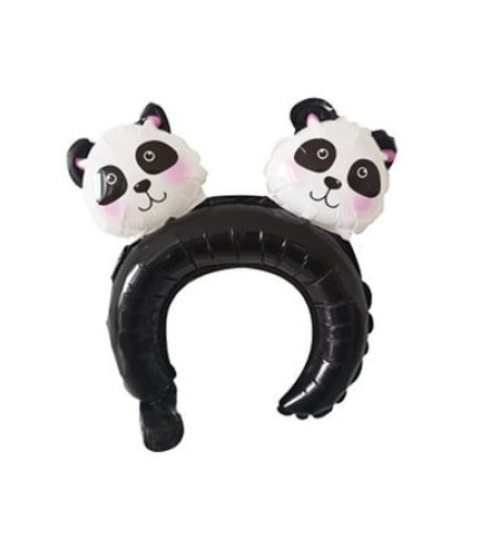 Balon din Folie Metalizata, Flippy, Tip Coronita cu Urechi, Model Panda, Ambalaj Individual, Pai Inclus, Umflare cu Aer sau Heliu, 30 x 27 cm, Albastru