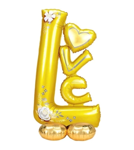 Balon din Folie Metalizata, Flippy, Figurine, Model LOVE, Tematica Iubire, 110x64 cm, Ambalaj Individual, Pai Inclus, Umflare cu Aer sau Heliu, Galben