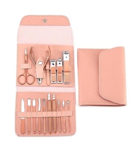 Set 16 Piese de Ingrijire Cosmetica, Flippy, pentru Manichiura, Pedichiura, Fata, Geanta Organizatoare din Piele Ecologica Inclusa, Roz