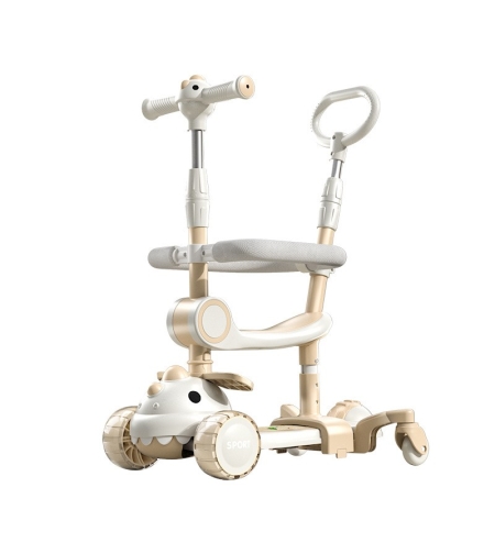 Trotineta Multifunctionala 6 in 1, Flippy, Pentru Copii De La 10 Luni Pana La 12 Ani, Cu Maner De Impingere, Reglabil 360, Pliere Usoara, Reglarea Inaltimii, Model Dinozaur, Alb/Bej
