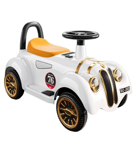 Masinuta Electrica Flippy, Model de Epoca, cu Acumulator, Sistem Anti-Rasturnare, Sistem de Lumini si Sunet, 1-5 Ani, 75 x 36 x 45 cm, Alb