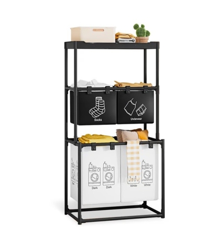 Cos de Rufe, Flippy, 3 Rafturi, 4 Cosuri, Cadru de Otel Inoxidabil, 123x44x57 cm, Negru