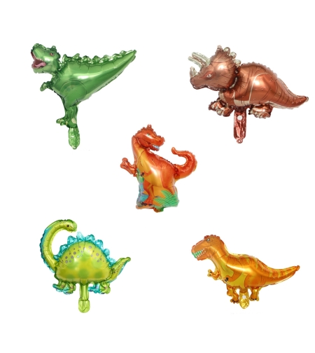 Set 5 Baloane Folie Metalizata, Flippy, Figurine Dinozauri, 30 cm, Ambalaj Individual, Pai inclus, Umflare cu Aer sau Heliu, Multicolor