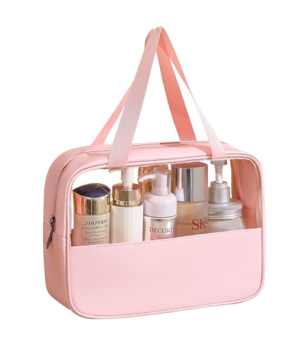 Geanta cosmetice Flippy, pentru voiaj sau organizare, material PVC/textil, impermeabila, portabila, 30 x 21 x 12 cm, roz