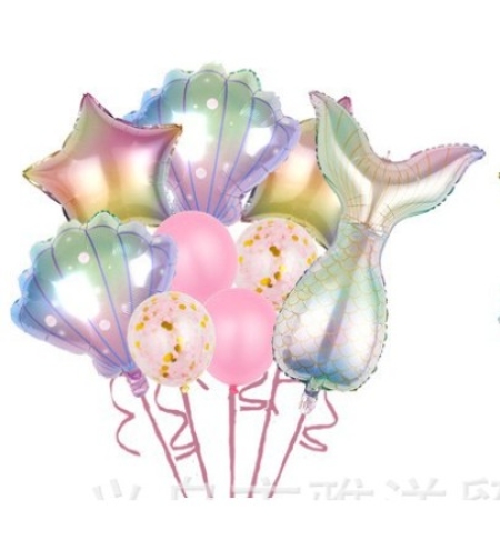 Set baloane aniversare pentru fetita, set din 9 baloane, Flippy, Tematica Sirene, 5 Baloane Folie, 4 baloane latex, Roz