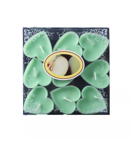Set 9 Lumanari in Forma de Inima, Flippy, pentru Ziua Indragostitilor, Aroma de Mar, Ardere 3.5 h, din Parafina, 4 x 2 cm, Verde