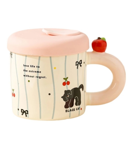 Cana din Ceramica cu Capac si Pai, Flippy, Capacul si Paiul din Silicon Roz, 9x8.5 cm, Model Cute A, Capacitate 380ml