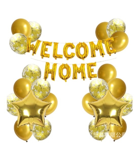 Set baloane folie si latex, Flippy, WELCOME HOME, 22 de piese, 20 baloane latex, 2 baloane stea Folie, 1 set Welcome Home, Auriu