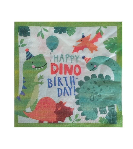 Set 20 de Servetele de Masa Happy Birthday, Flippy, Model Dinozauri, Tematica Aniversare, 33x33 cm, Verde