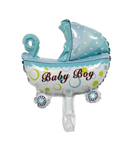 Balon din Folie Metalizata, Flippy, Mini Figurina, Model Carucior Bebelus, Tematica Gender Reveal, 39x29 cm, Ambalaj Individual, Pai Inclus, Umflare cu Aer sau Heliu, Albastru