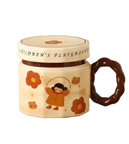 Cana din ceramica, Flippy, Cana pentru Cafea, Ceai, Cana Universala, Unisex, Cana cu Capac, 9 x 8 x 8 cm, 400 ml, Model Fetita cu Coarda, Bej