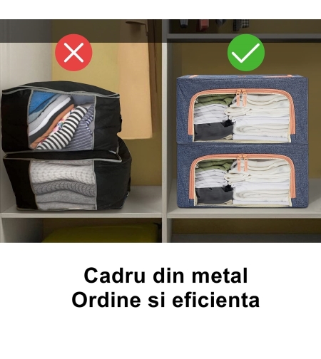 Cutie de depozitare pliabila, Flippy, Cu fermoar, 66 L, Textil, 50x40x33 cm, Albastru Marin, Cadru Metalic, Suport Baza Stabil din Plastic, Cu doua ferestre