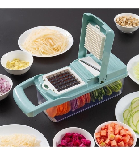 Feliator Multifunctional, Flippy, Razatoare, 8 in 1, pentru Fructe si Legume, 10 Piese, Lame de Inox, Recipient Stocare, Separator Oua, Protectie Mana, ABS, 32.2x11.3 cm, Albastru/Alb