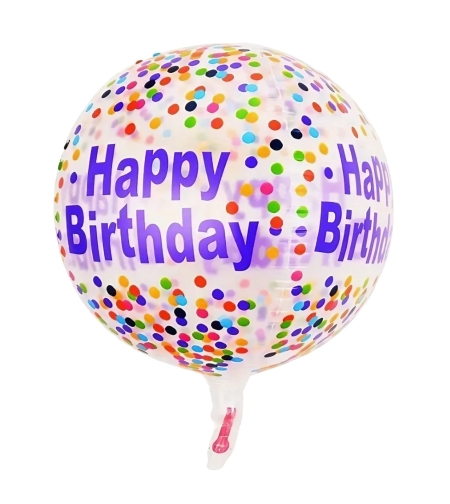 Balon din Folie Metalizata, Flippy, Figurine 4D, Model Happy Birthday, Tematica Aniversara Bombonele, 63x24 cm, Ambalaj Individual, Pai Inclus, Umflare cu Aer sau Heliu, Mov-Multicolor