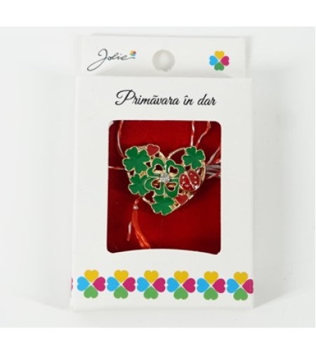 Martisor Brosa Mica in Cutie, Dimensiune Brosa 2.5-3 cm, Material Metal, Model Inima Ccu Trifoi
