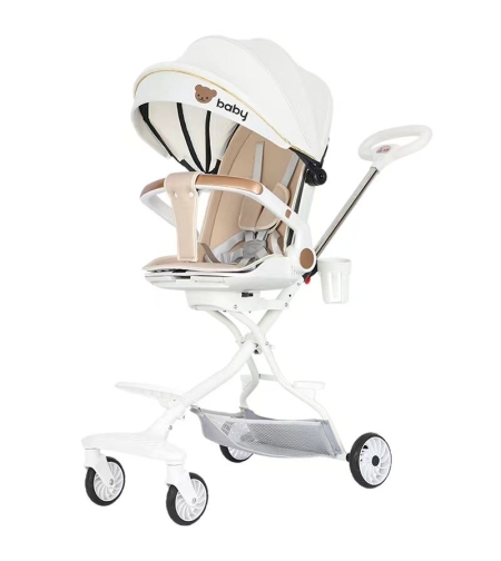 Carucior Sport Flippy 3in1, 6-36 Luni, Reversibil, Pliabil, Tavita pentru Masa, Pozitie de Somn, Centura de Siguranta, Roti 360, Suport Pahar, Copertina pentru Soare, 32x63x95cm, Alb, Model Ursulet
