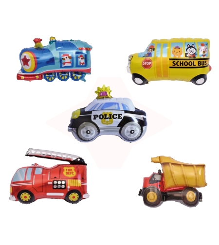 Set 5 Baloane Folie Metalizata, Flippy, Figurine Masini, 30 cm, Ambalaj Individual, Pai inclus, Umflare cu Aer sau Heliu, Multicolor