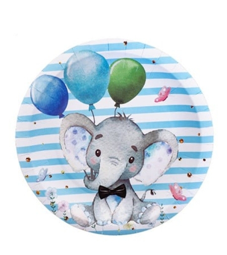 Set 10 Farfurii Unica Folosinta, Flippy, Imprimeu Elefant, din Carton, 17 cm, Albastru