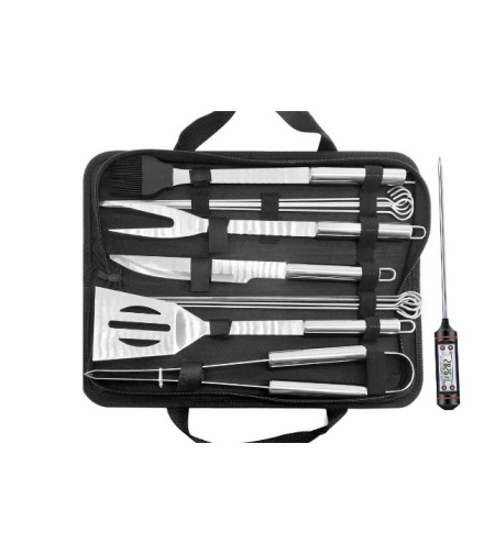 Set 14 Ustensile pentru Gratar cu Termometru, Flippy, din Otel Inoxidabil, Geanta Oxford, Argintiu