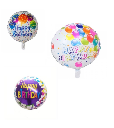 Set 3 Baloane din Folie Metalizata, Flippy, Mini Figurina Rotunda, Model Happy Birthday, 45 cm, Ambalaj Individual, Pai inclus, Umflare cu Aer sau cu Heliu, Multicolor