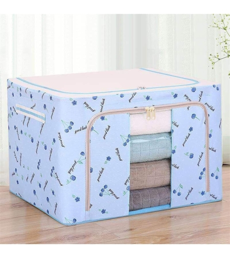 Cutie de Depozitare Pliabila, Flippy, Cu Fermoar, 66 L, Textil, 50x40x33 cm, cu 2 Ferestre, Cadru Metalic, Suport Baza Stabil din Plastic, Imprimeu Cirese, Albastru