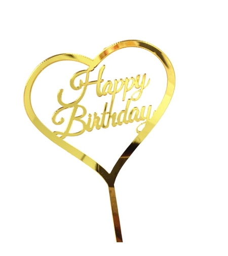 Decoratiune Topper pentru Tort, Flippy, Model Inimioara Scris Happy Birthday, Tematica Aniversare, Auriu