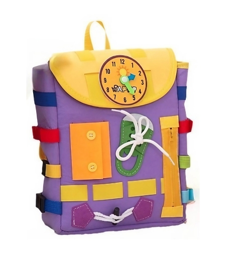 Ghiozdan Montessori, Flippy, pentru Copii 2-6 ani, Fidget Pop, cu Catarame si Fermoare, Jucarii Senzoriale, Activitate de Invatare prin Joc, Mov, 0.25 kg, 28x10x23 cm