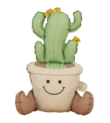Balon din Folie Metalizata, Flippy, Figurina Animata, Model Ghivechi Cactus, 57.5 x 56 cm, Ambalaj Individual, Pai Inclus, Umflare cu Aer sau Heliu, Verde