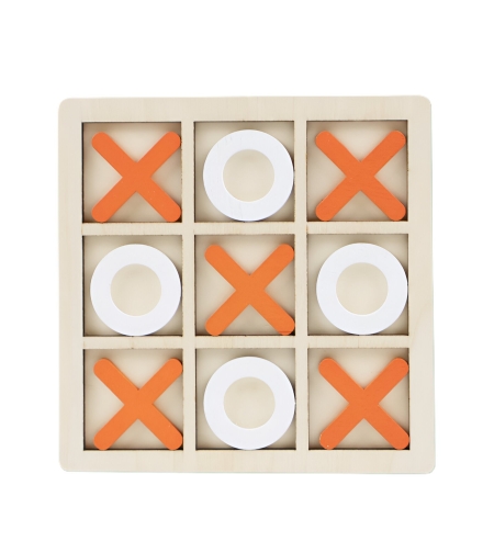 Jucarie Montessori Tic Tac Toe, Flippy, Educativa, Interactiva, din lemn, X si O, 9 Piese, 14.3x14.3 cm, Portocaliu Alb