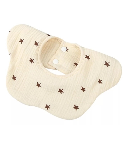 Baveta Tip Floare, Flippy, din Bumbac, pentru Copii 0-12 Luni, Rezistenta la apa, cu Capse, Model cu Stelute, 26 x 29 cm, Crem