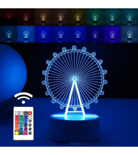 Lampa LED decorativa, Flippy, 3D, Roata Panoramica, cu telecomanda, doua moduri de alimentare USB si baterii, 20 cm inaltime, din material acril si lumina multicolora, alb