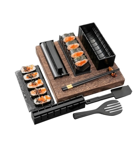 Set ustensile pentru facut sushi Flippy, 10 piese, forma inima inclus, 3 forme clasice, extensibil, finisaj lucios, material ABS, curatare usoara, negru