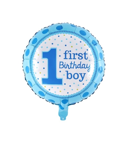 Balon din Folie Metalizata, Flippy, Prima Aniversare, Model First Birthday Boy, 45 cm, Ambalaj Individual, Pai Inclus, Umflare cu Aer sau Heliu, Albastru