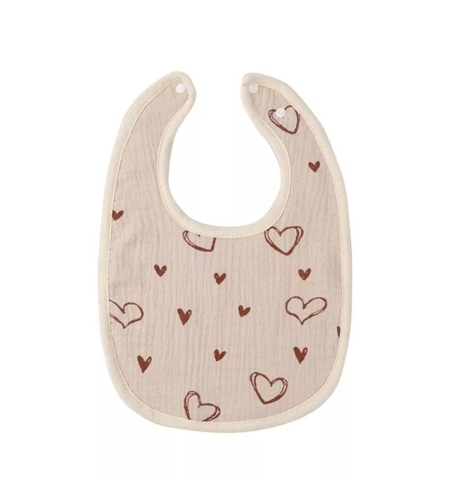 Baveta in Forma de U, Flippy, din Bumbac, pentru Copii 0-12 Luni, Rezistenta la Apa, cu Capse, Model cu Inimoare,  21x30 cm, Bej