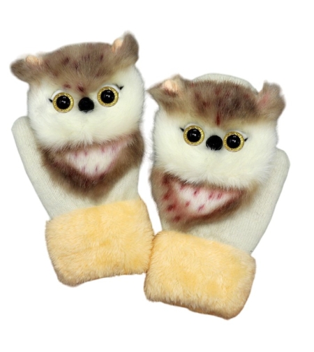 Manusi de Plus pentru Copii, Flippy, de Iarna, Groase, Moi, Calduroase, Model Animat Bufnita Alba