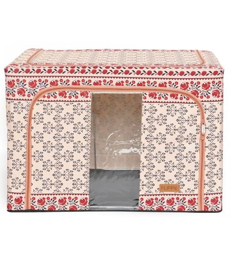 Cutie de Depozitare Pliabila, Flippy,100 L din Bumbac si In, 60X42X40 cm, Fereastra Frontala, 2 Usi de Acces cu Fermoar Bidirectional, Cadru Metalic, Suport Baza Stabil din Plastic, Motiv Traditional Model 3