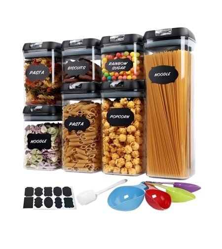 Set Cutii de Depozitare a Alimentelor, Flippy, 7 Recipiente, 10 Etichete Reutilizabile, 4 Linguri, pentru Bucatarie, Spatula, Etansare, Fara BPA, Transparente, Capac Negru