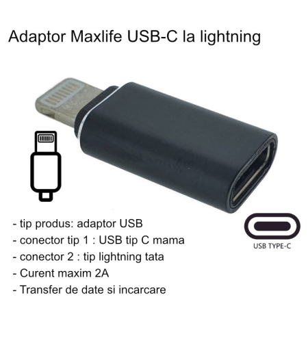 Adaptor Type C (mama) to Lightning (tata) cu Agatatoare Breloc inclusa, Negru