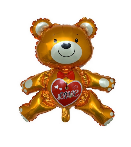 Balon din Folie Metalizata, Flippy, Figurina Urs, Model Love, Tema Ziua Indragostitilor, 60x63cm, Ambalaj Individual, Pai Inclus, Umflare cu Aer sau Heliu, Maro